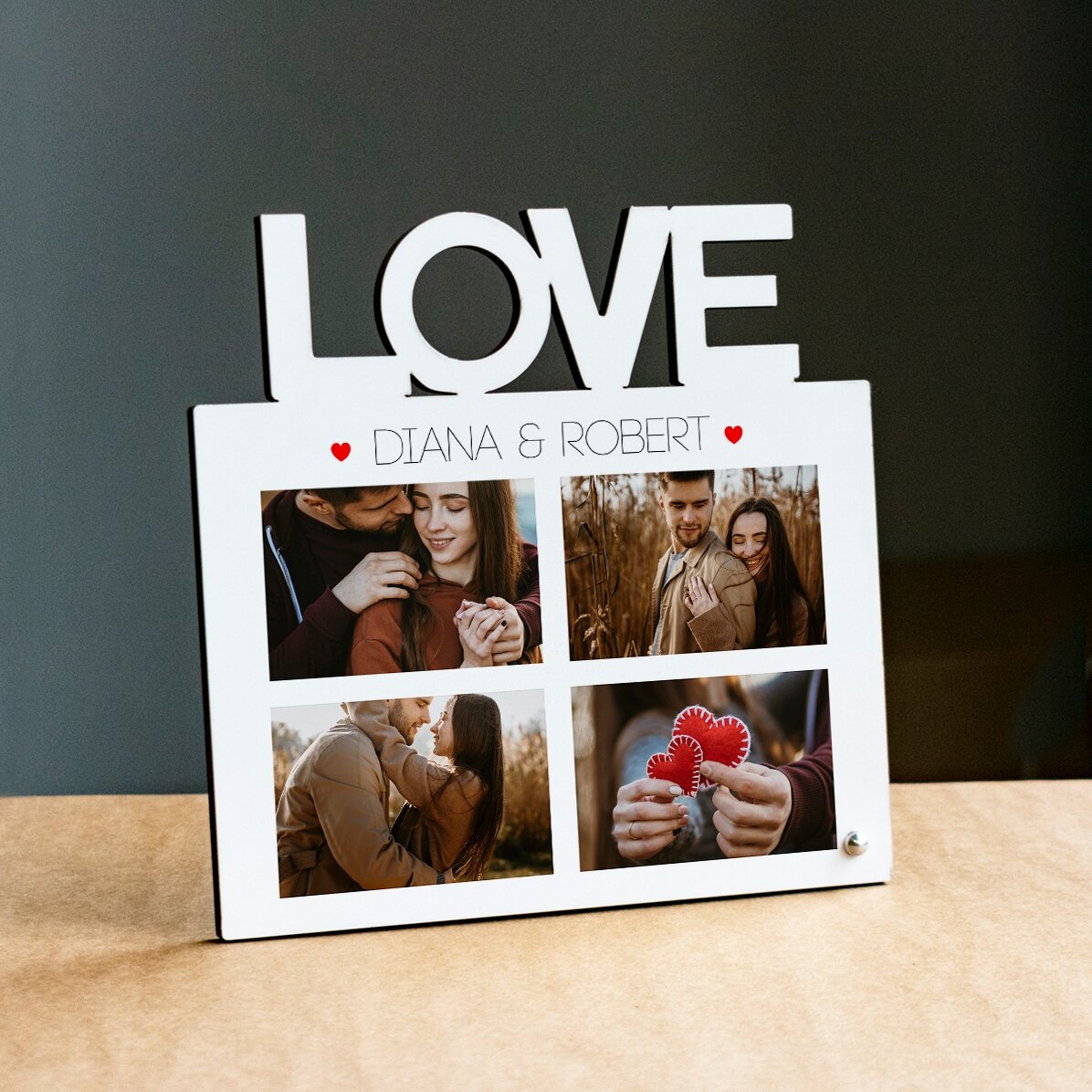 Ramă foto de birou personalizată cu 4 poze și text - model LOVE