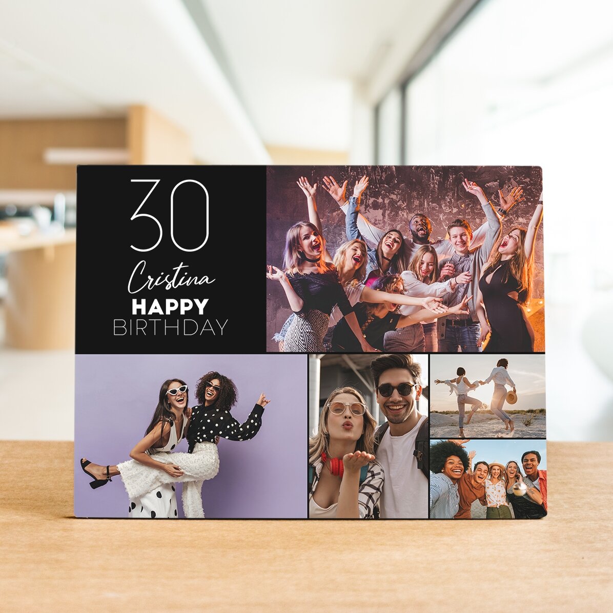 Ramă foto de birou personalizată cu 5 poze și text - Happy birthday