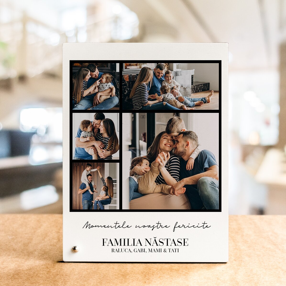 Ramă foto de birou personalizată cu 5 poze și text 