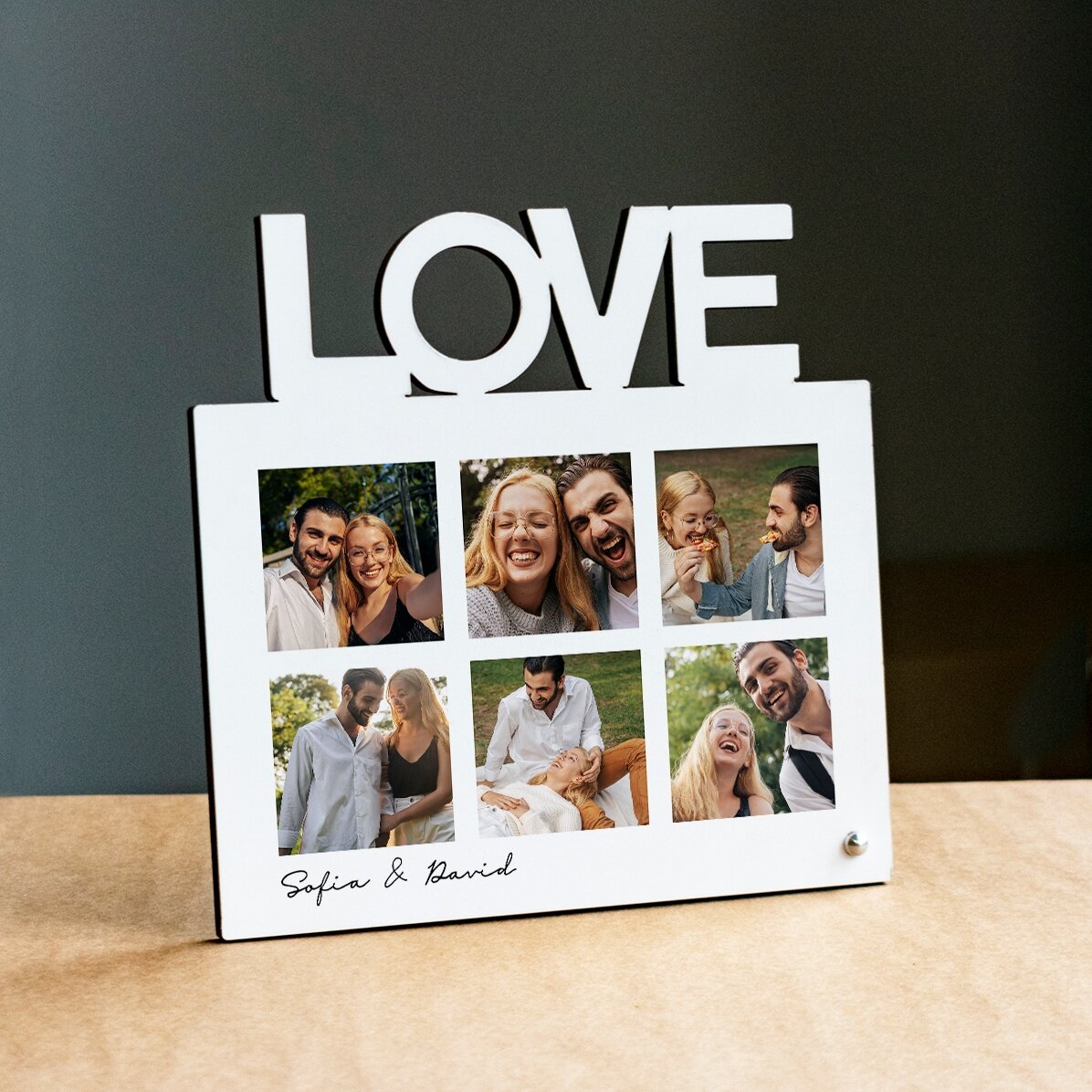 Ramă foto de birou personalizată cu 6 poze și text - model LOVE