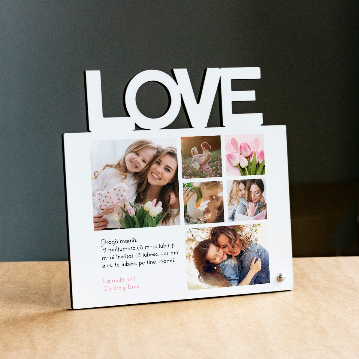 Ramă foto de birou personalizată cu 6 poze și text pentru mama - model LOVE