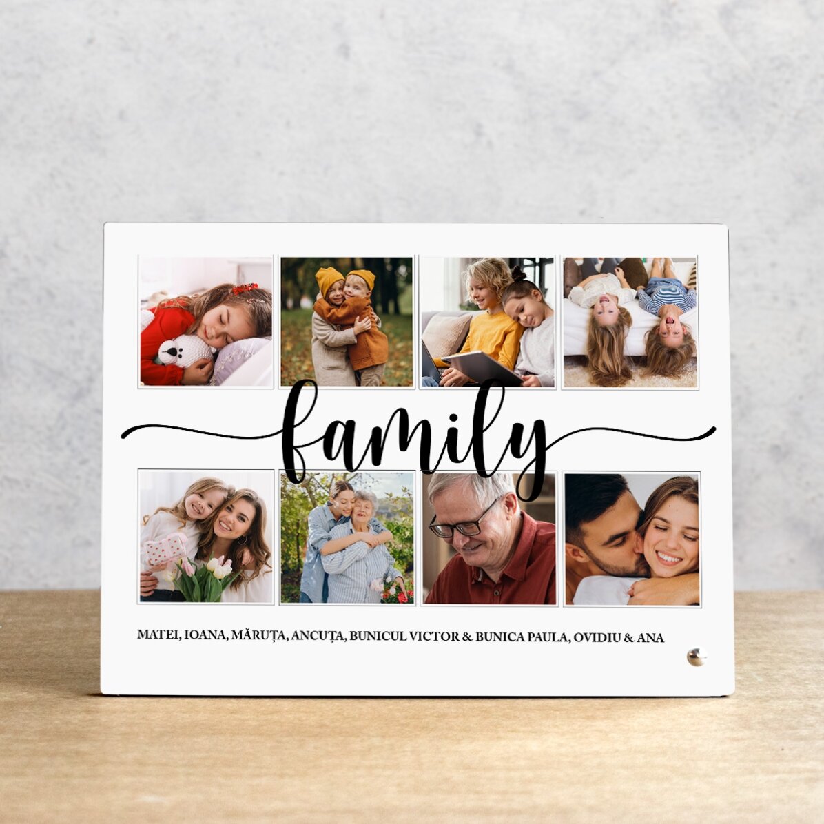 Ramă foto de birou personalizată cu 8 poze și text - family