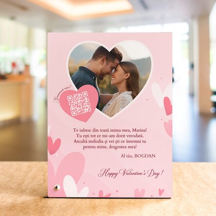 Ramă foto de birou personalizată cu o poză, mesaj și cod QR - Love