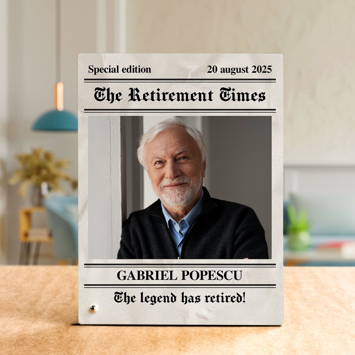 Ramă foto de birou personalizată cu o poză și text de pensionare