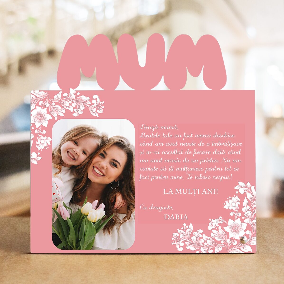 Ramă foto de birou personalizată cu poză și text - La mulți ani, mamă!