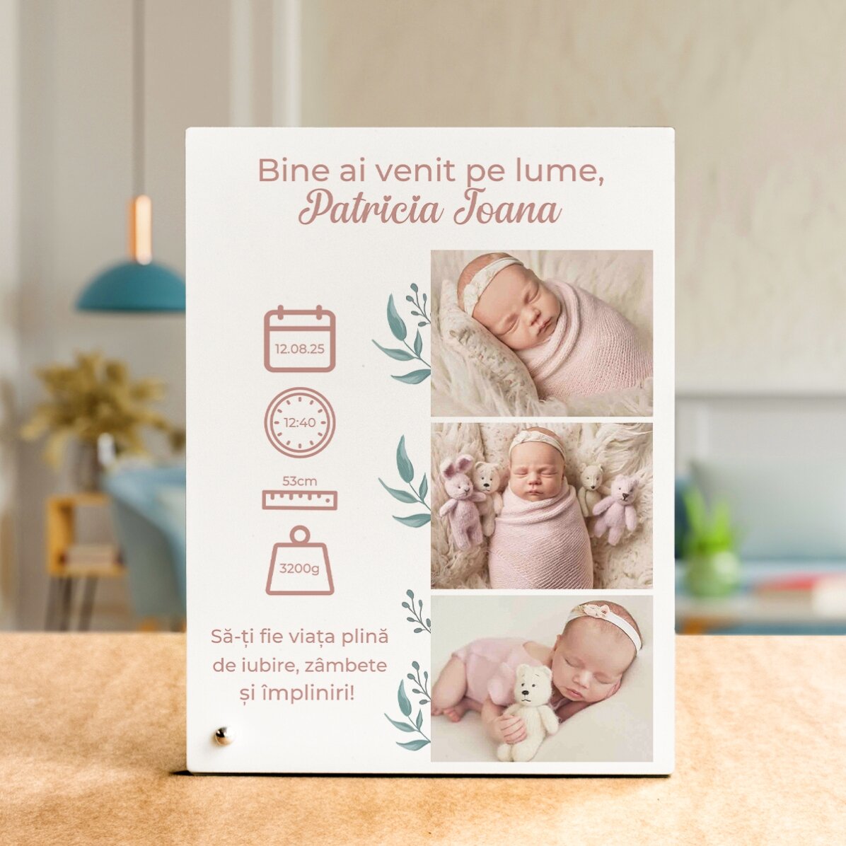 Ramă foto de birou personalizată cu text și 3 poze - Bine ai venit pe lume