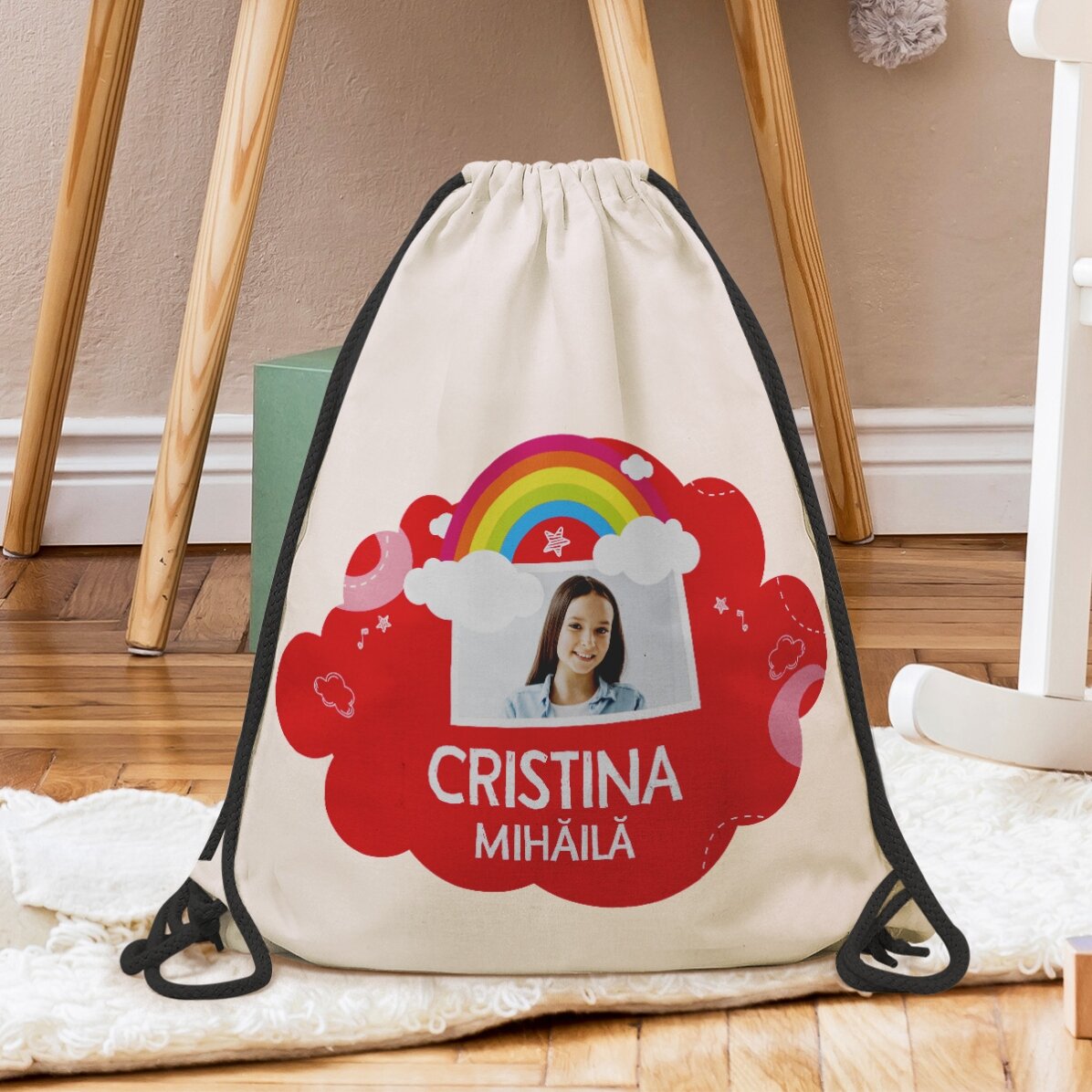 Rucsac personalizat cu nume și poză - Model curcubeu