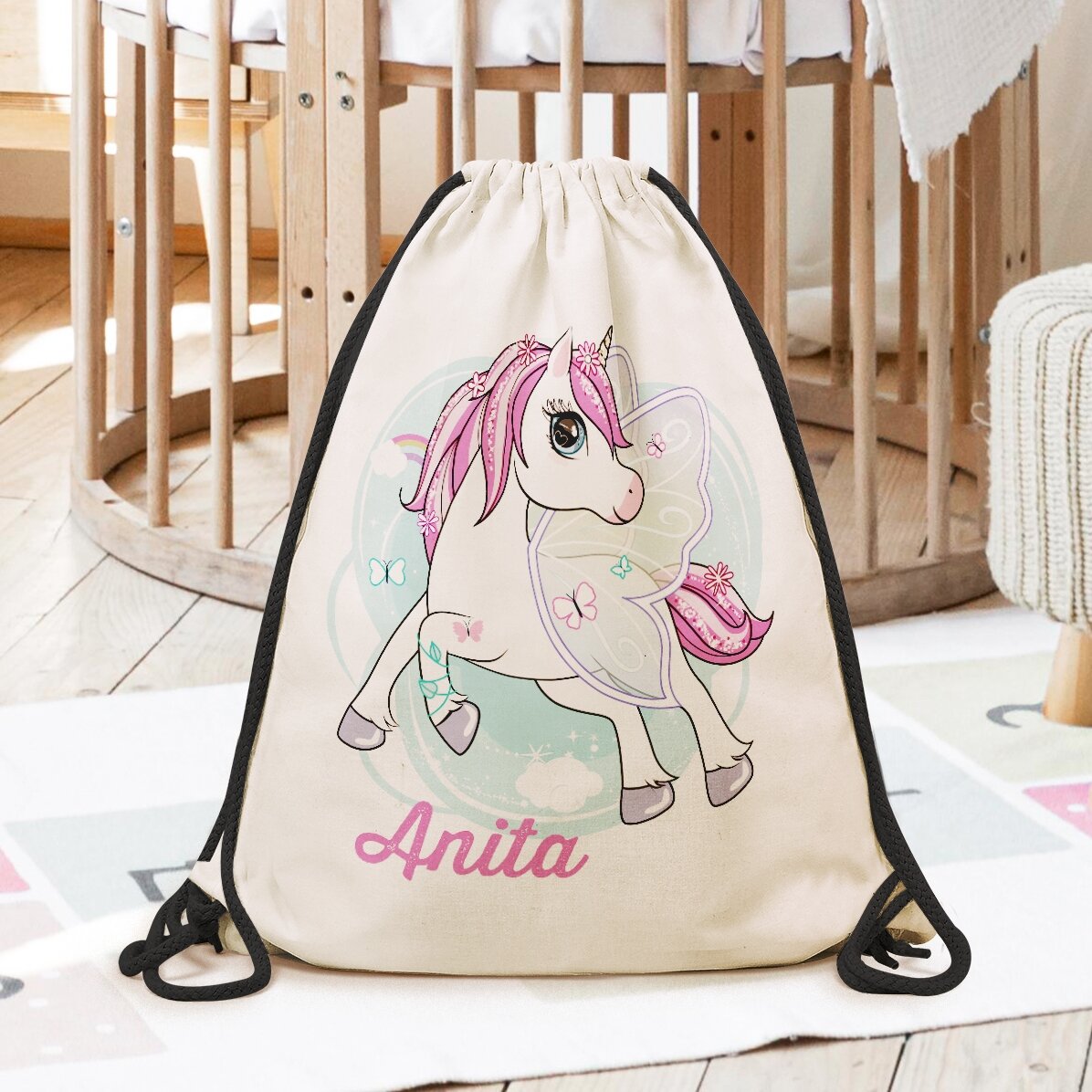 Rucsac personalizat cu nume - Unicorn și fluturași