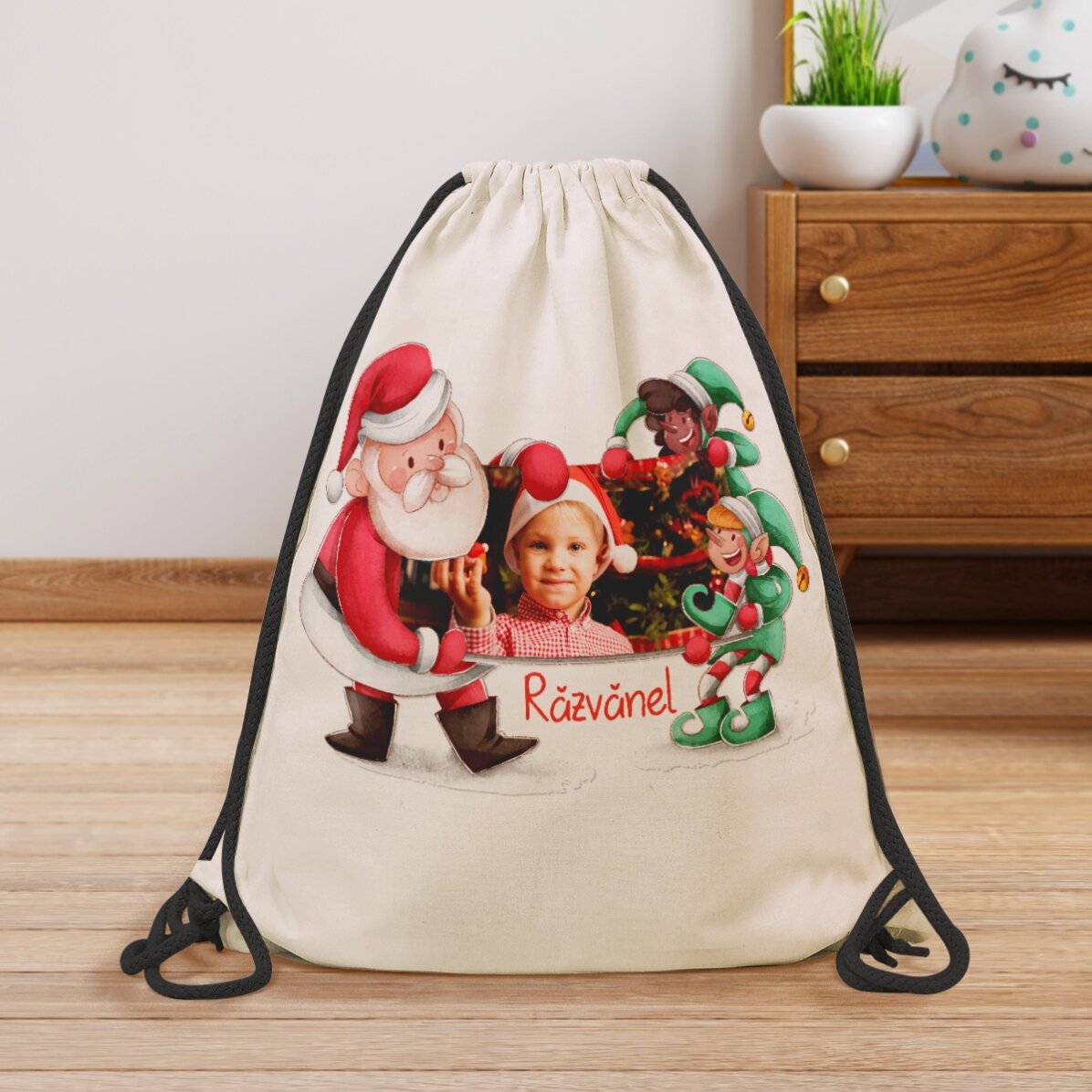 Rucsac personalizat cu poză și nume - Ajutoarele lui Moș Crăciun