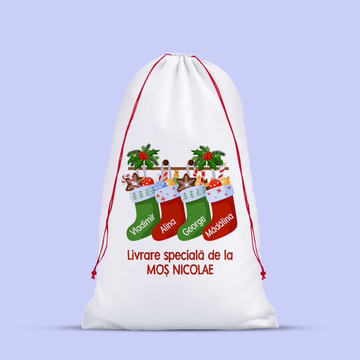 Sac alb pentru cadouri personalizat cu text - de la Moș Nicolae