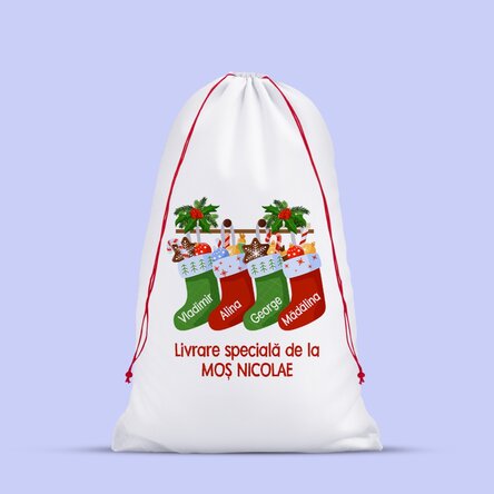 Sac alb pentru cadouri personalizat cu text - de la Moș Nicolae