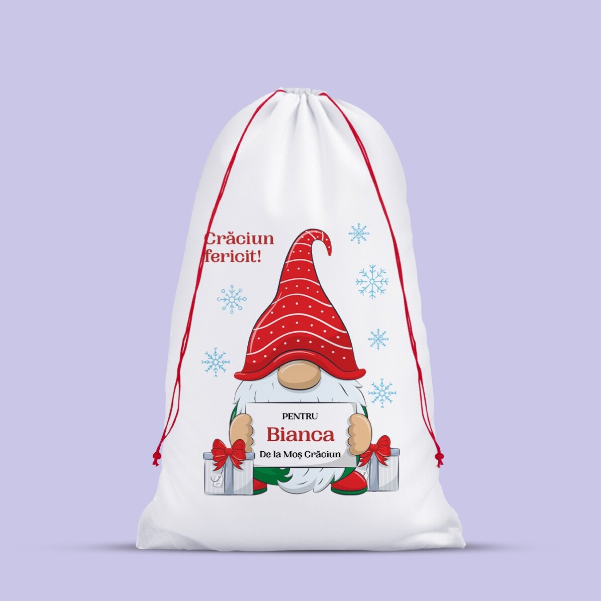 Sac alb pentru cadouri personalizat mesaj - Gnom de Crăciun