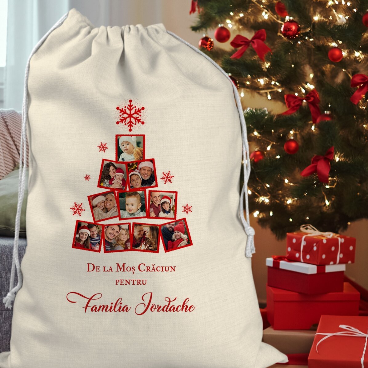 Sac pentru cadouri personalizat cu colaj de poze și mesaj