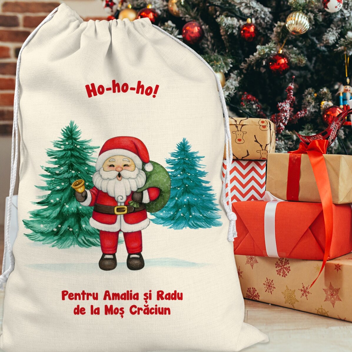 Sac pentru cadouri personalizat cu text - De la Moș Crăciun