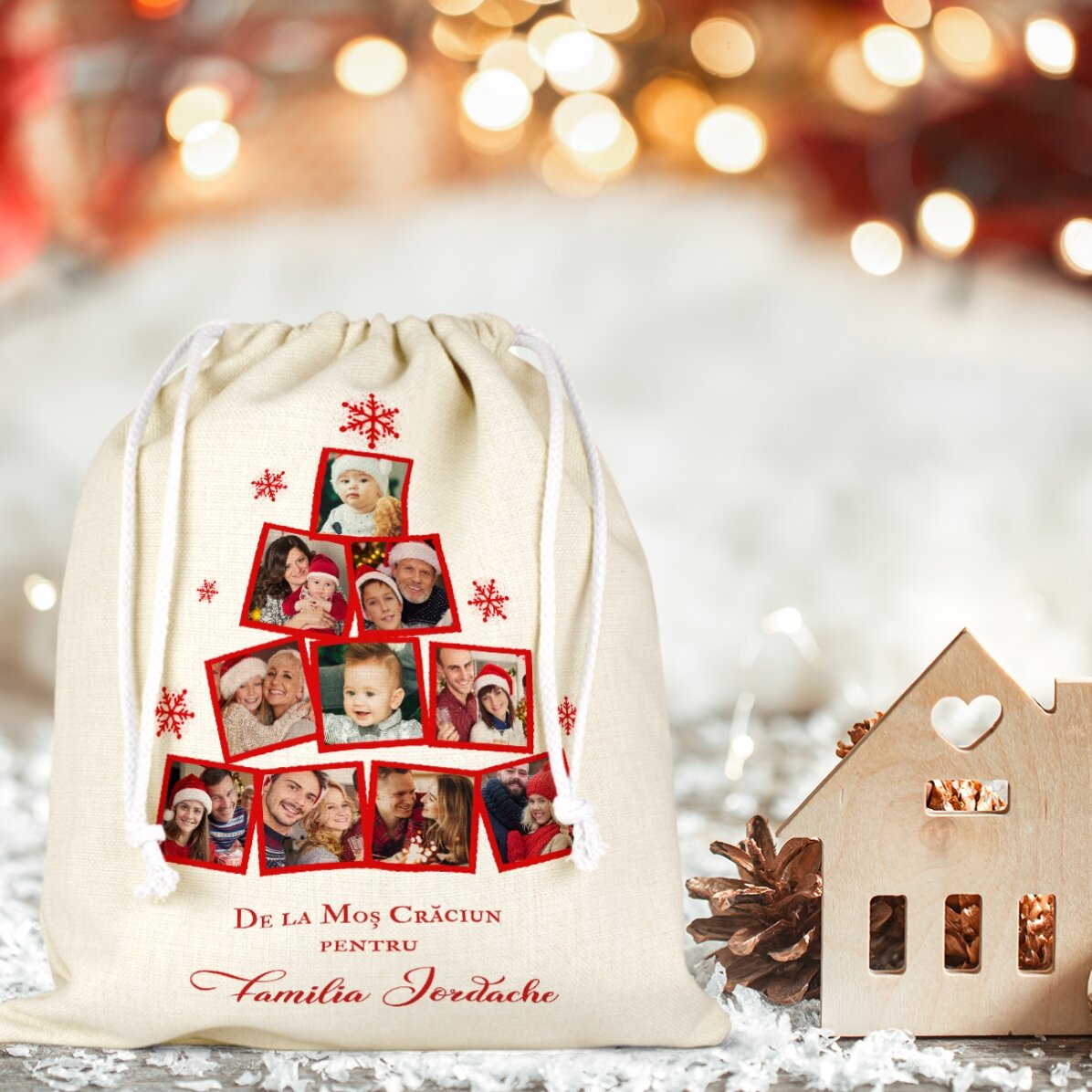 Săculeț mediu pentru cadouri personalizat cu colaj de poze și mesaj