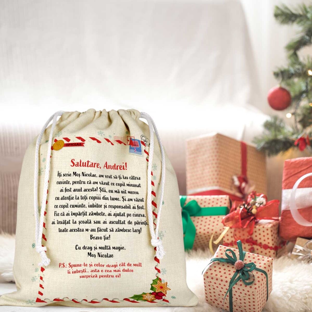 Săculeț mediu pentru cadouri personalizat cu nume - Scrisoare de la Moș Nicolae
