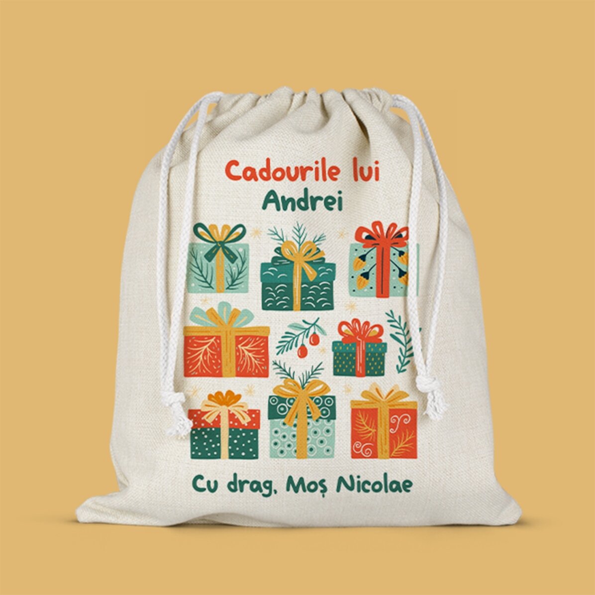 Săculeț mediu pentru cadouri personalizat cu text - Cu drag, Moș Nicolae
