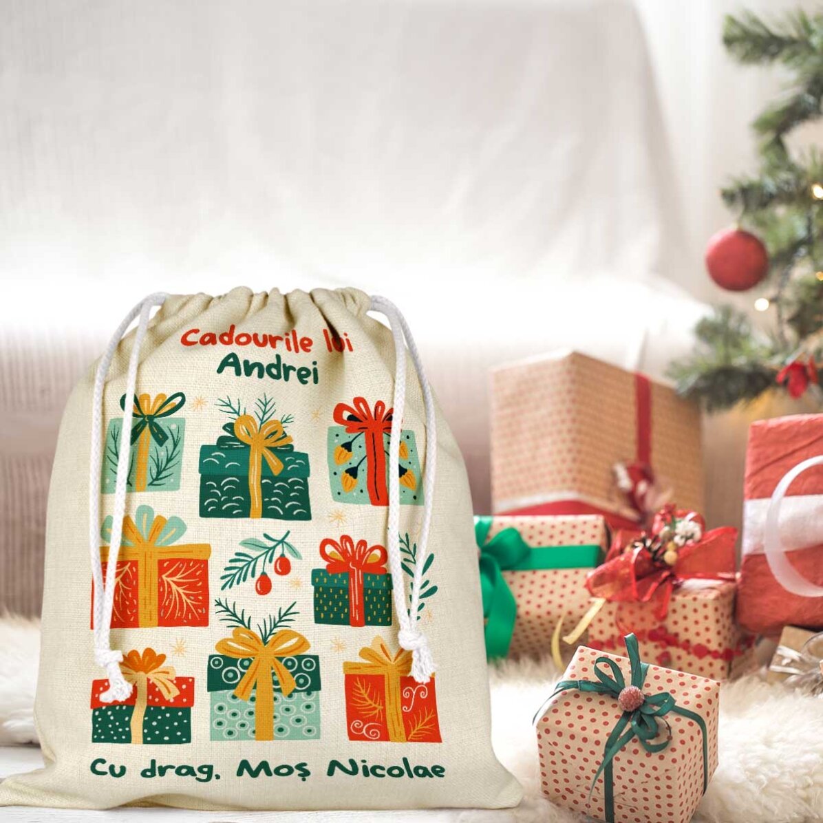 Săculeț mediu pentru cadouri personalizat cu text - Cu drag, Moș Nicolae