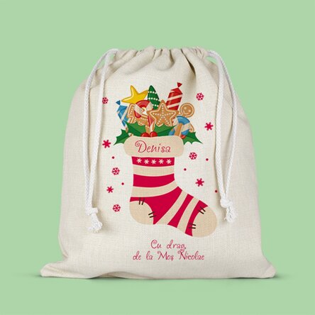Săculeț mediu pentru cadouri personalizat cu text - Șoseta magică