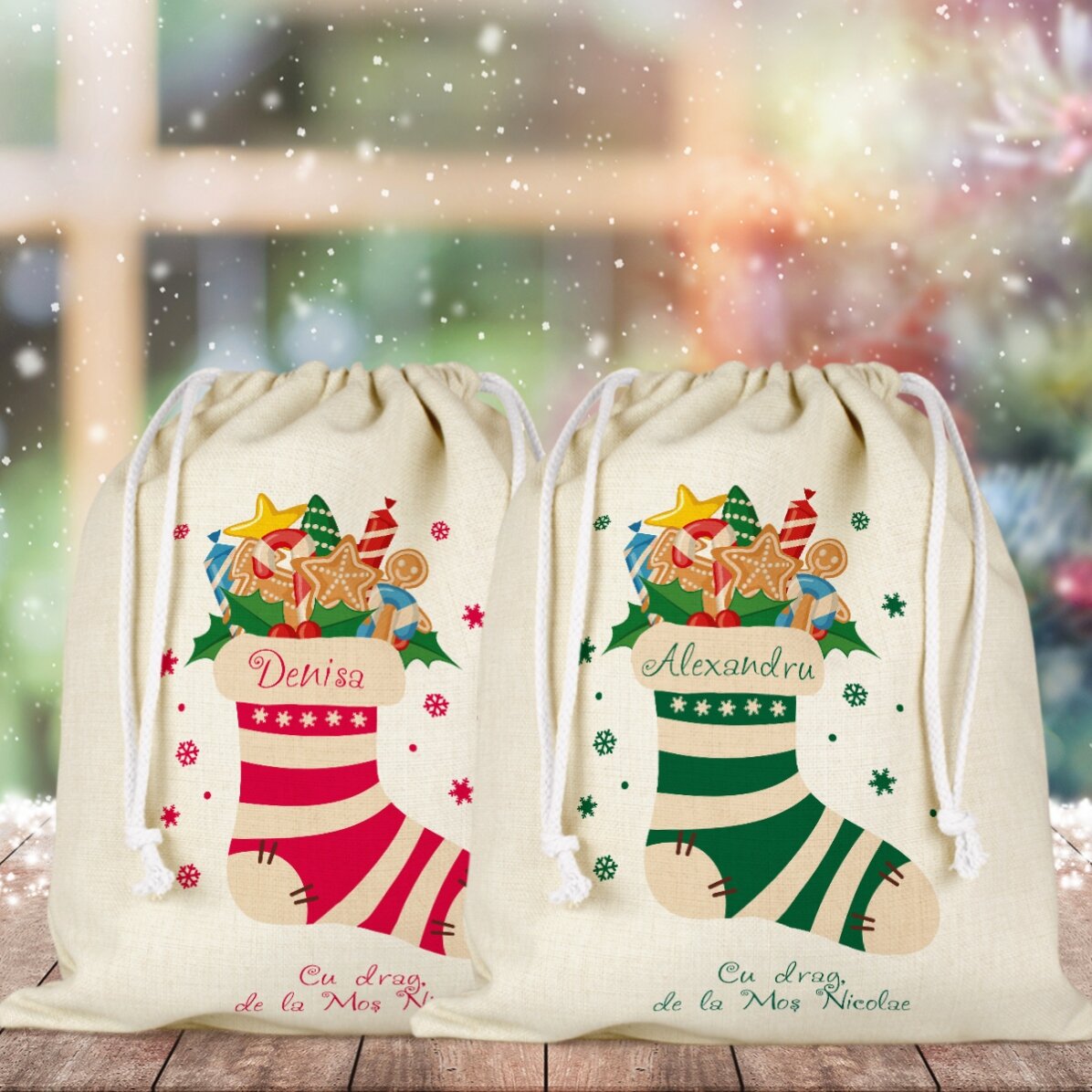 Săculeț mediu pentru cadouri personalizat cu text - Șoseta magică