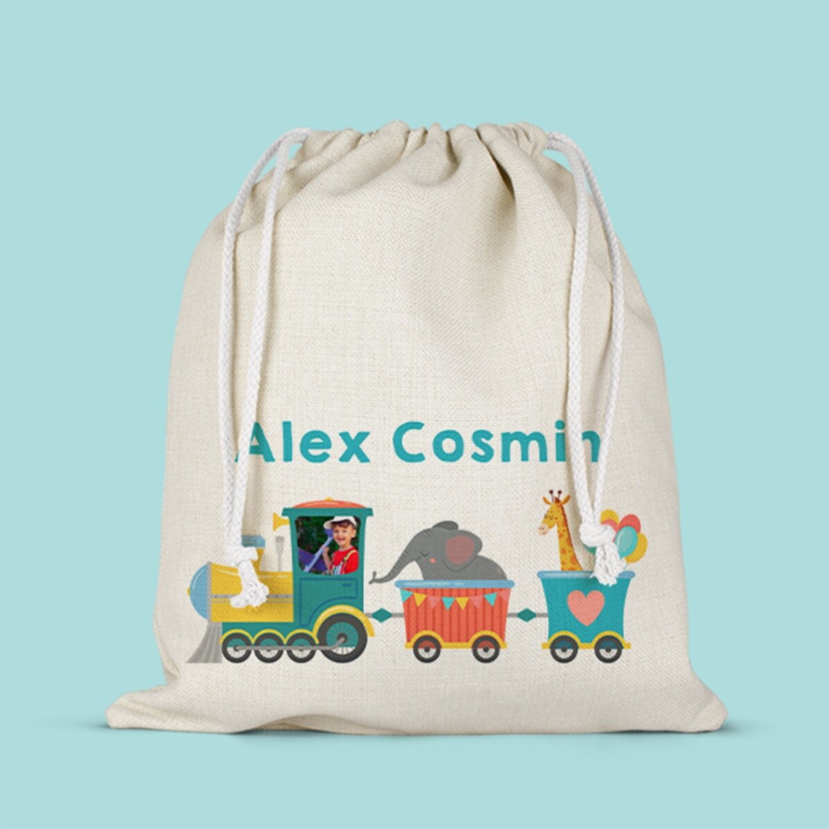 Săculeț mediu personalizat cu nume și poză - Trenuleț