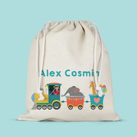 Săculeț mediu personalizat cu nume și poză - Trenuleț