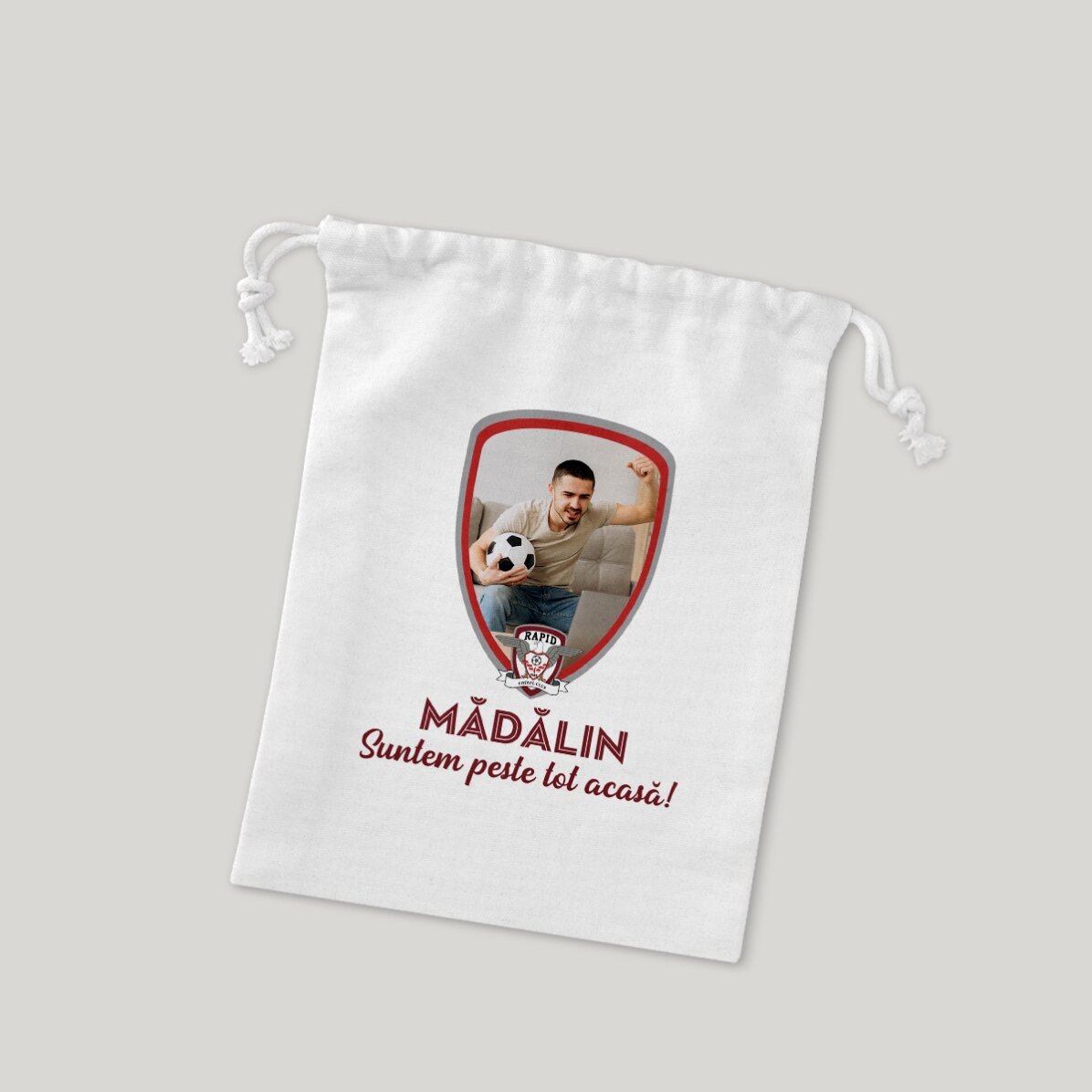 Săculeț mic pentru cadouri FC Rapid personalizat cu poză și mesaj