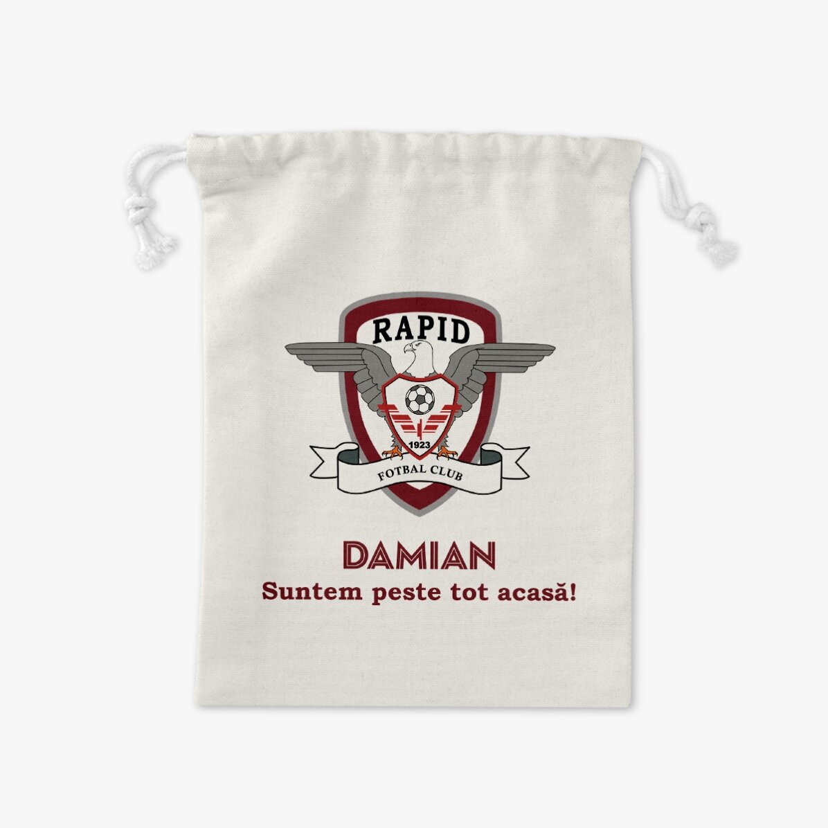 Săculeț mic pentru cadouri FC Rapid personalizat cu nume și mesaj