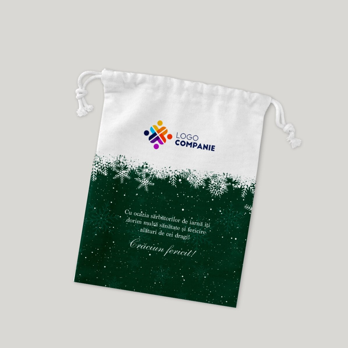 Săculeț mic pentru cadouri personalizat cu logo și text - Sărbători fericite!