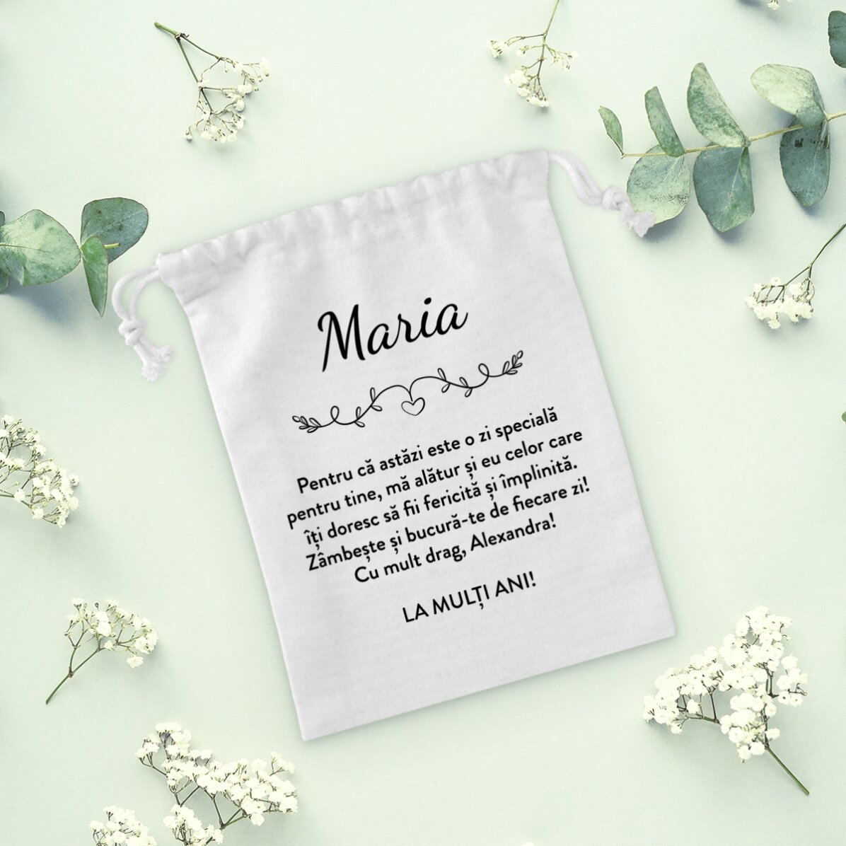 Săculeț mic pentru cadouri personalizat cu mesaj
