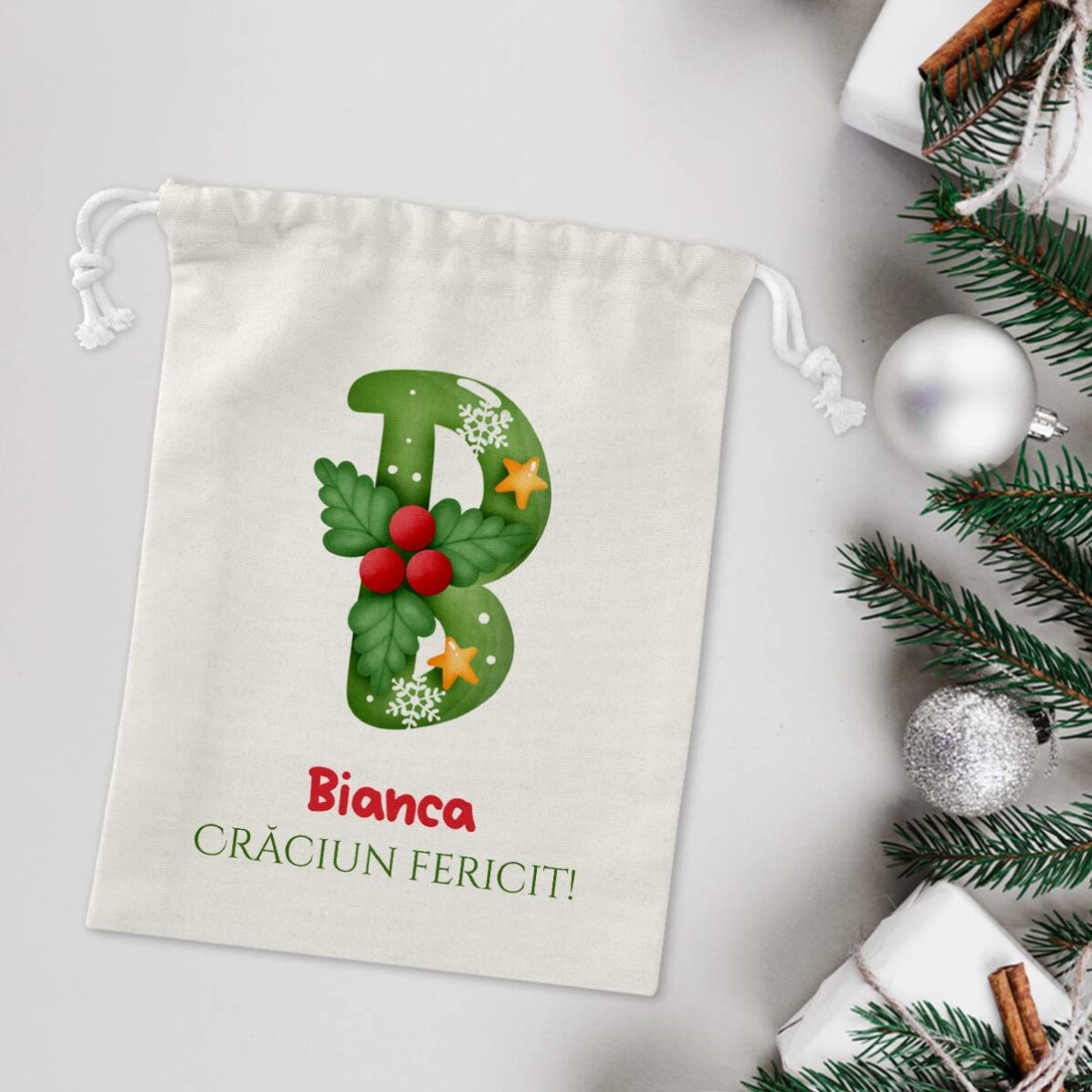Săculeț mic pentru cadouri personalizat cu nume - Crăciun