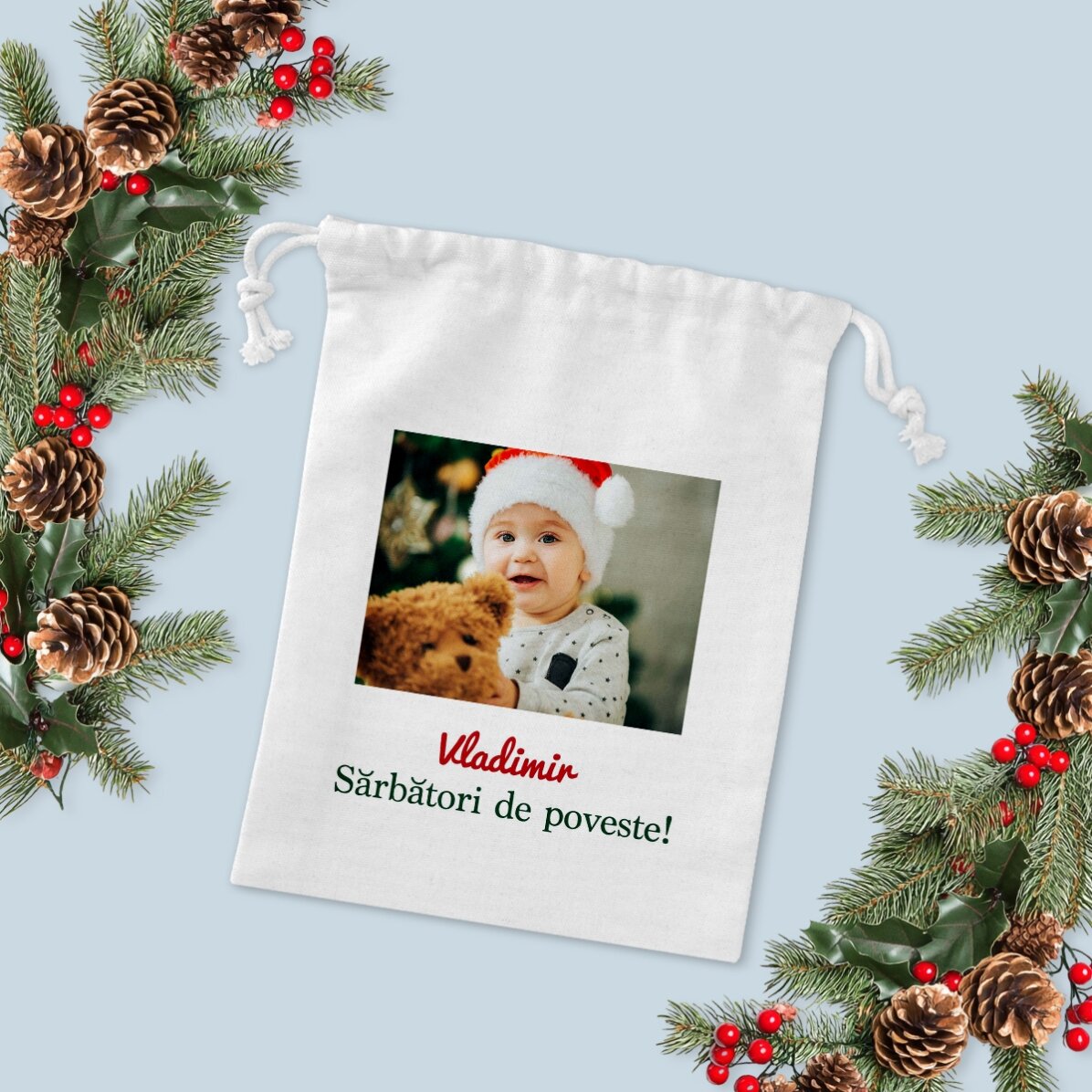 Săculeț mic pentru cadouri personalizat cu o poză și text 