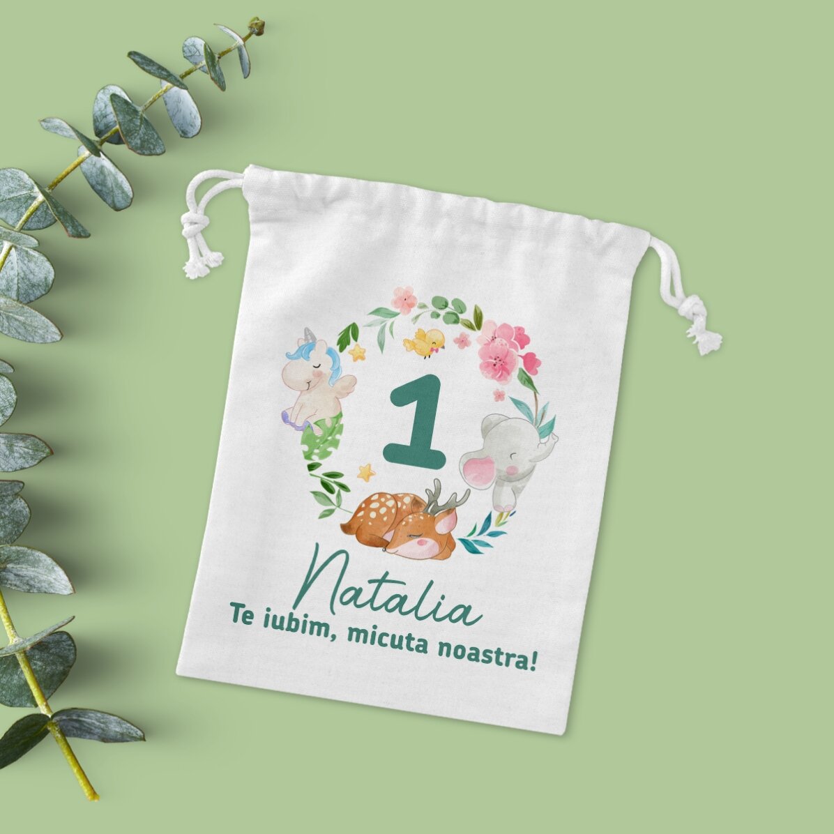 Săculeț mic pentru cadouri personalizat cu text -Happy birthday, little one!