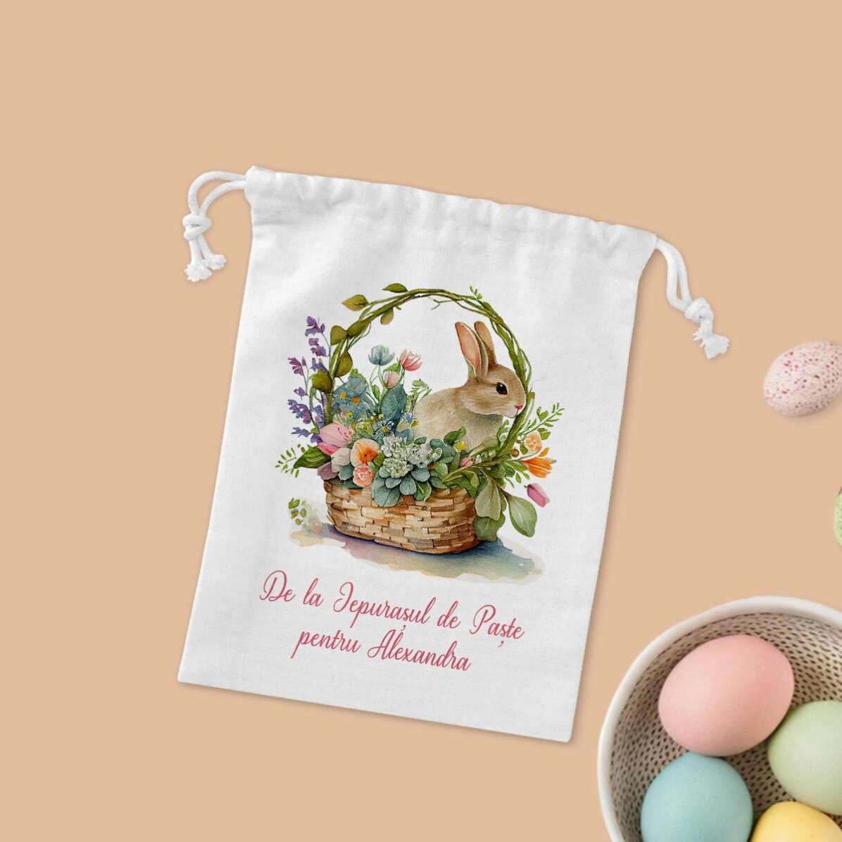 Săculeț mic pentru cadouri personalizat cu text - Iepuraș