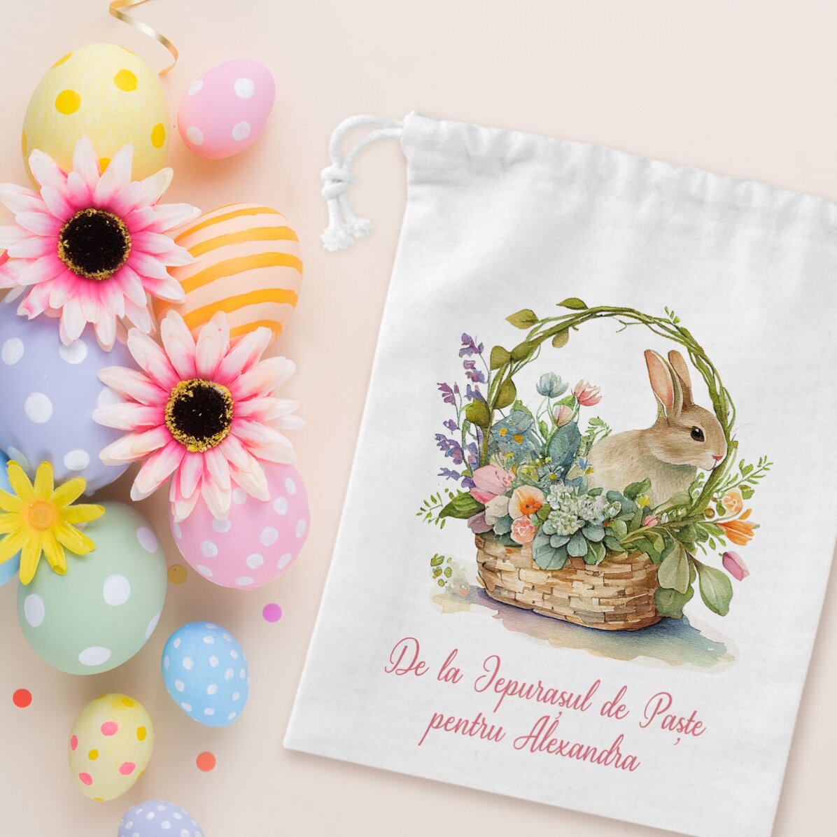 Săculeț mic pentru cadouri personalizat cu text - Iepuraș