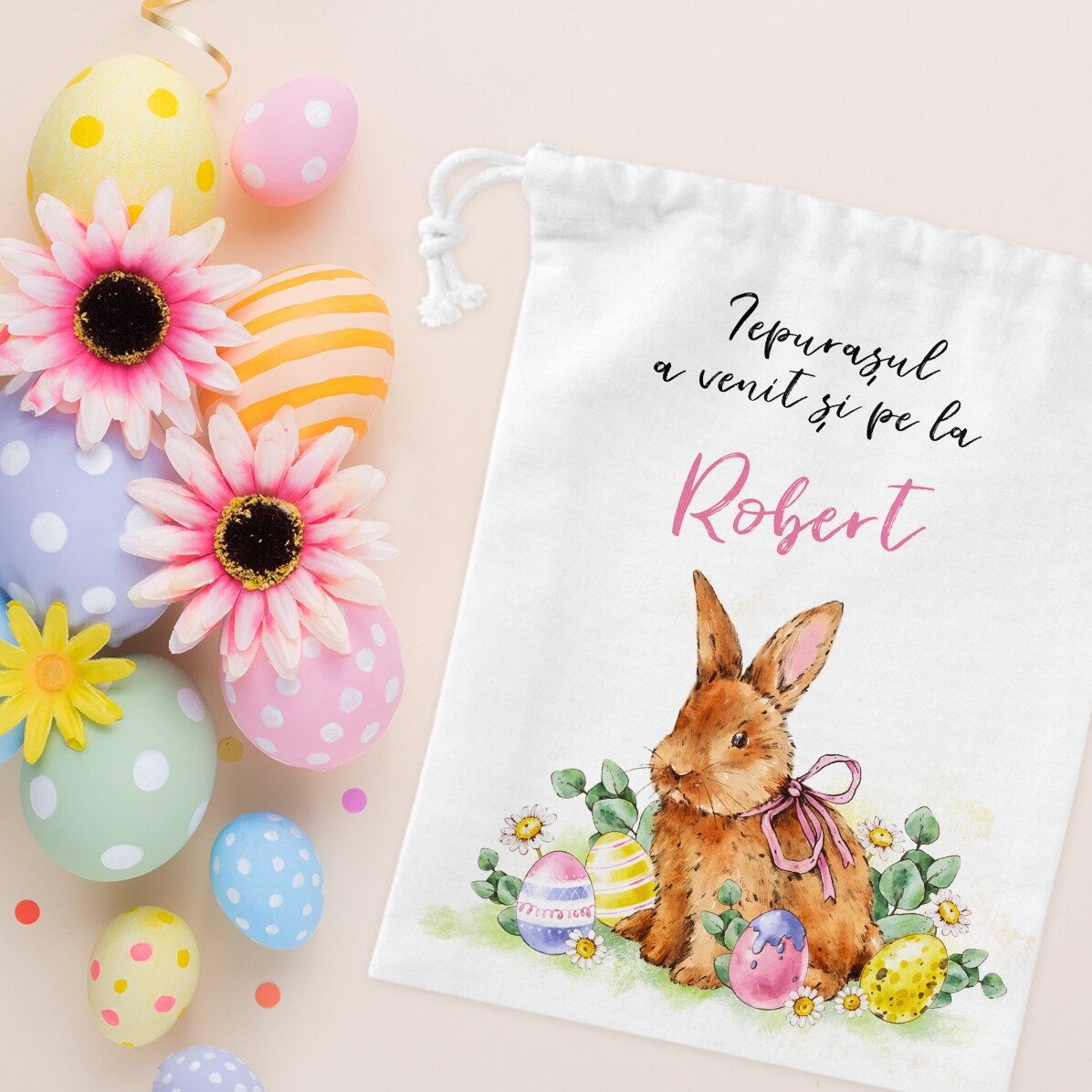 Săculeț mic pentru cadouri personalizat cu text - Iepurașul de Paște