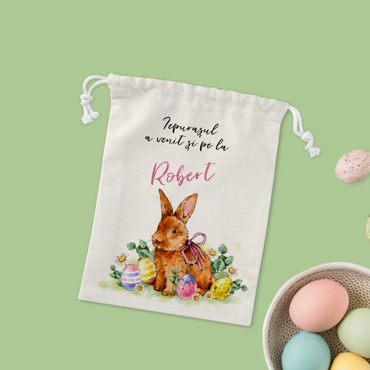 Săculeț mic pentru cadouri personalizat cu text - Iepurașul de Paște