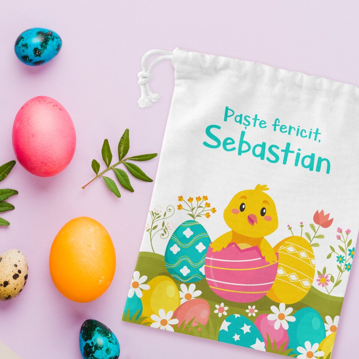 Săculeț mic pentru cadouri personalizat cu text - Paște