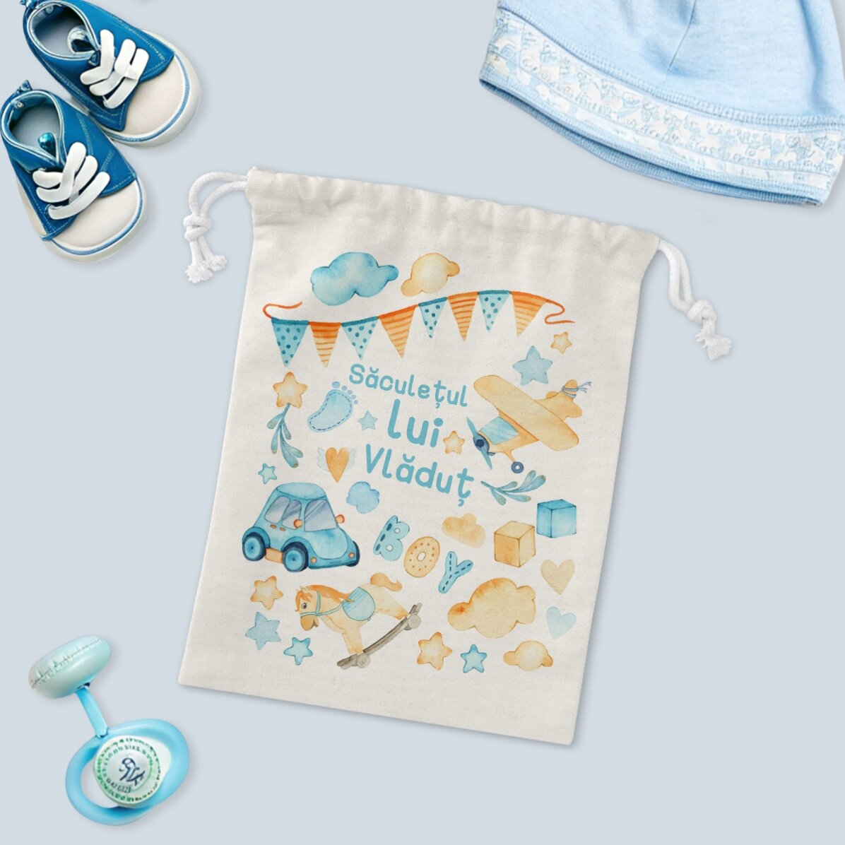 Săculeț mic pentru cadouri personalizat cu text - Watercolour