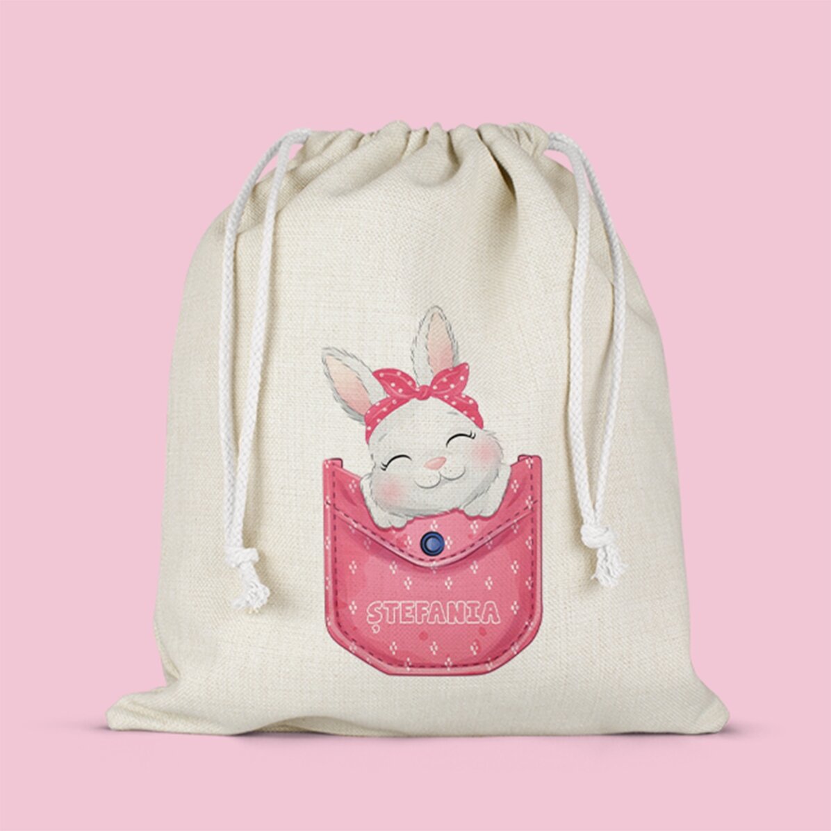 Săculeț pentru cadouri/grădiniță personalizat cu nume - Iepuraș 