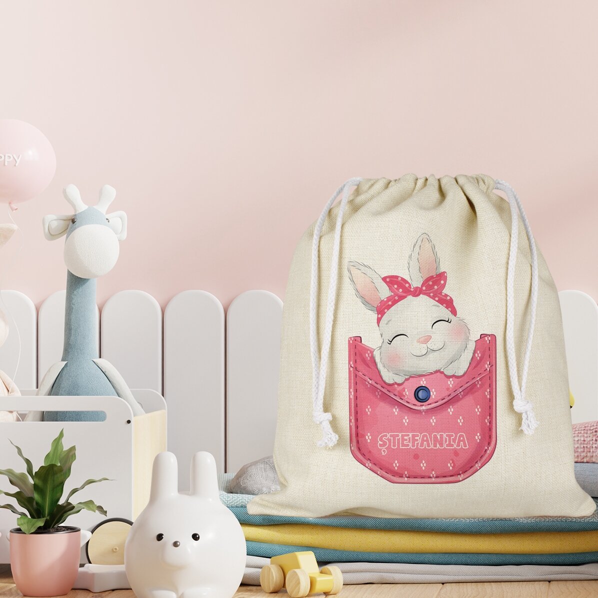 Săculeț pentru cadouri/grădiniță personalizat cu nume - Iepuraș 