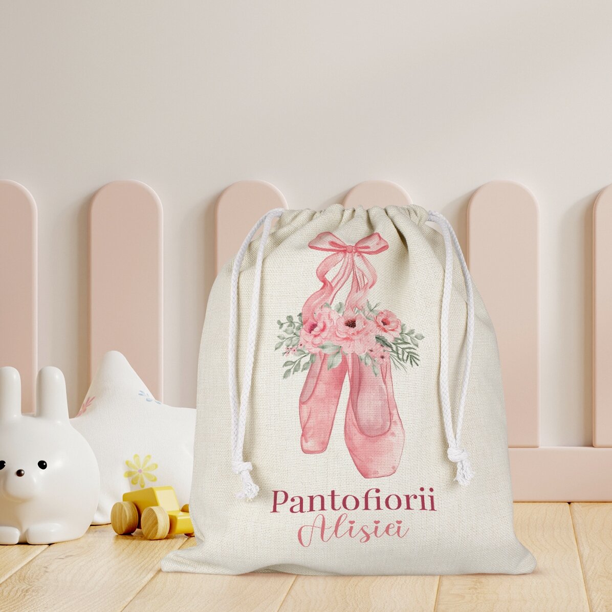 Săculeț pentru grădiniță personalizat cu text - Pantofiori de balet