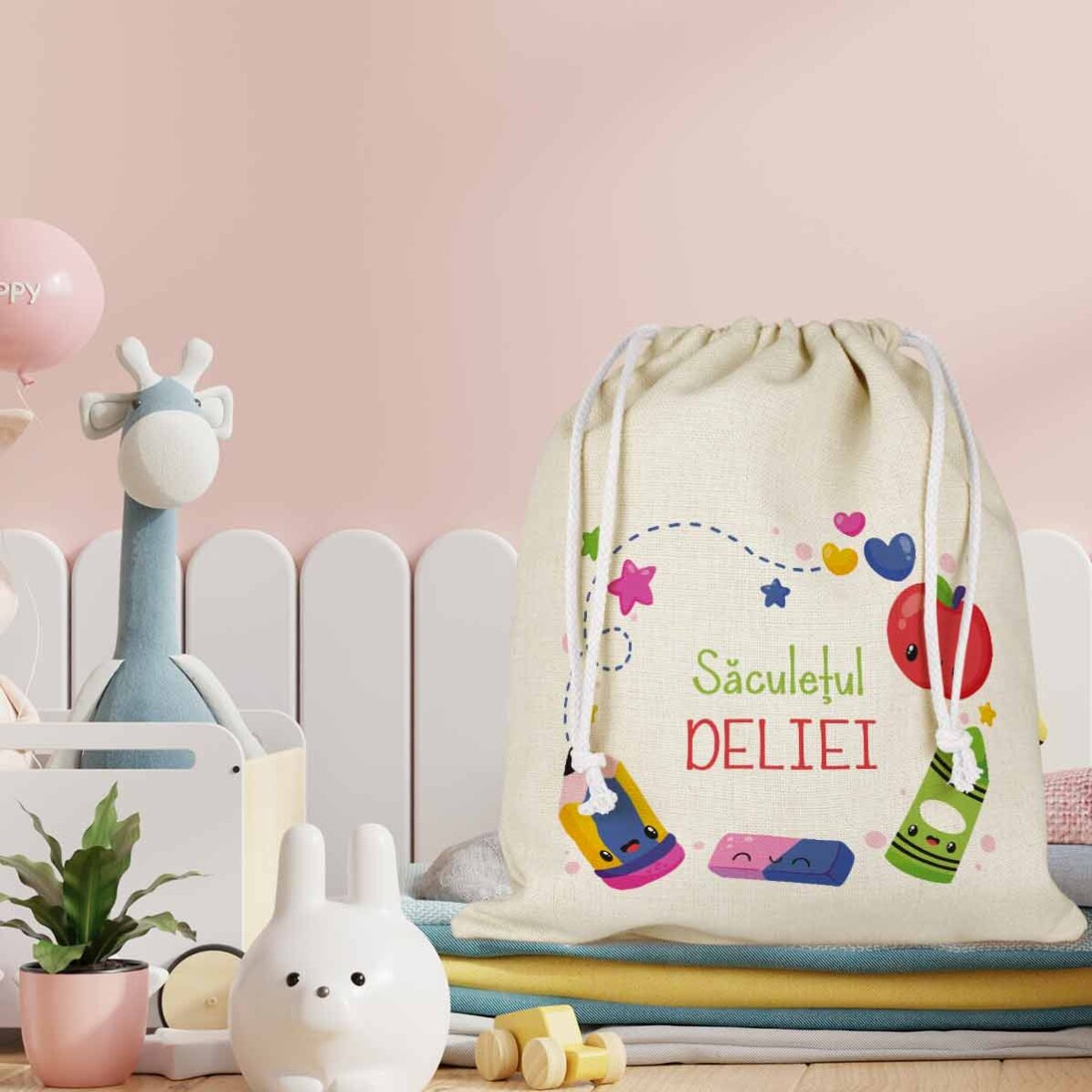 Săculeț pentru grădiniță personalizat cu text - Colors