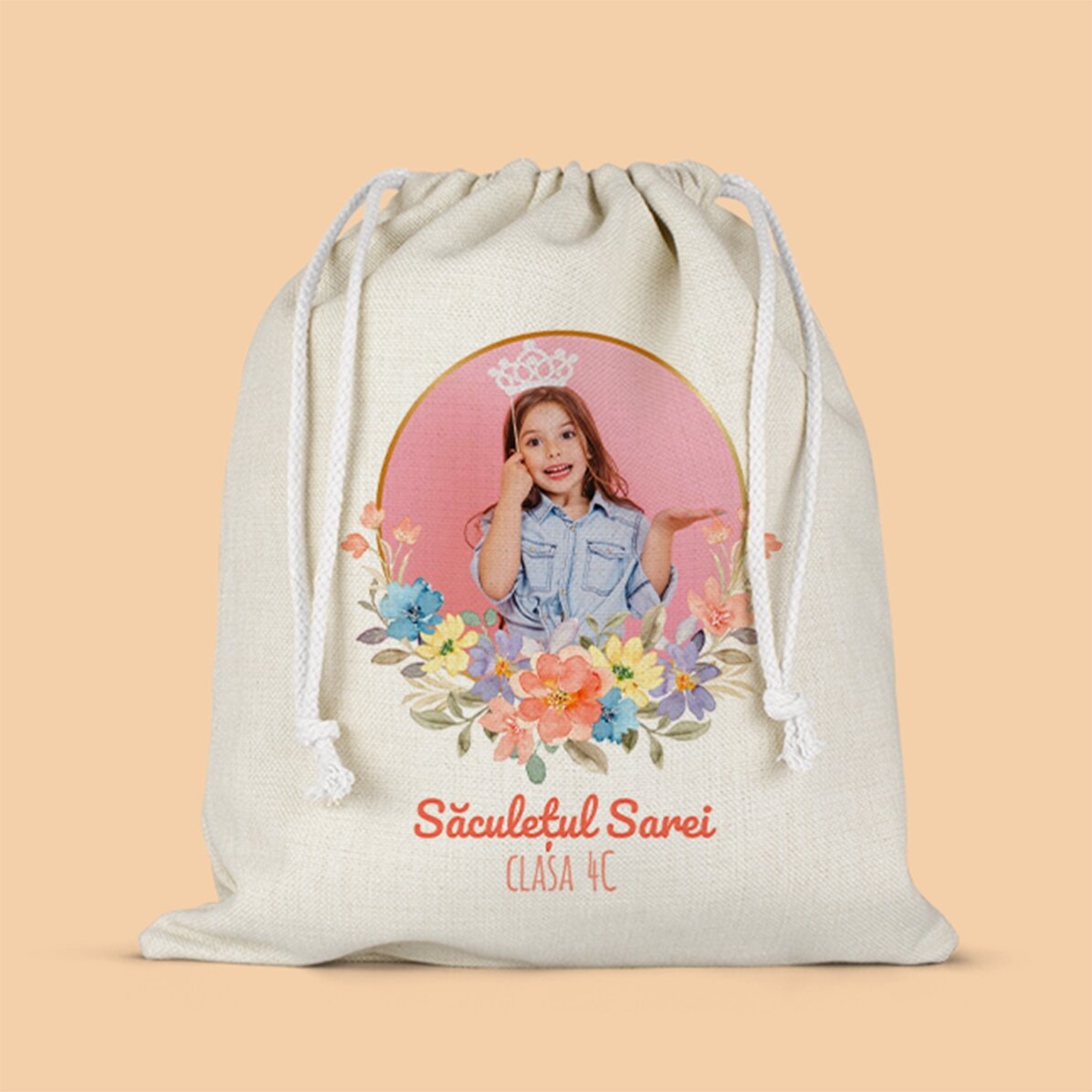 Săculeț pentru grădiniță personalizat cu text și o poză - Flowers