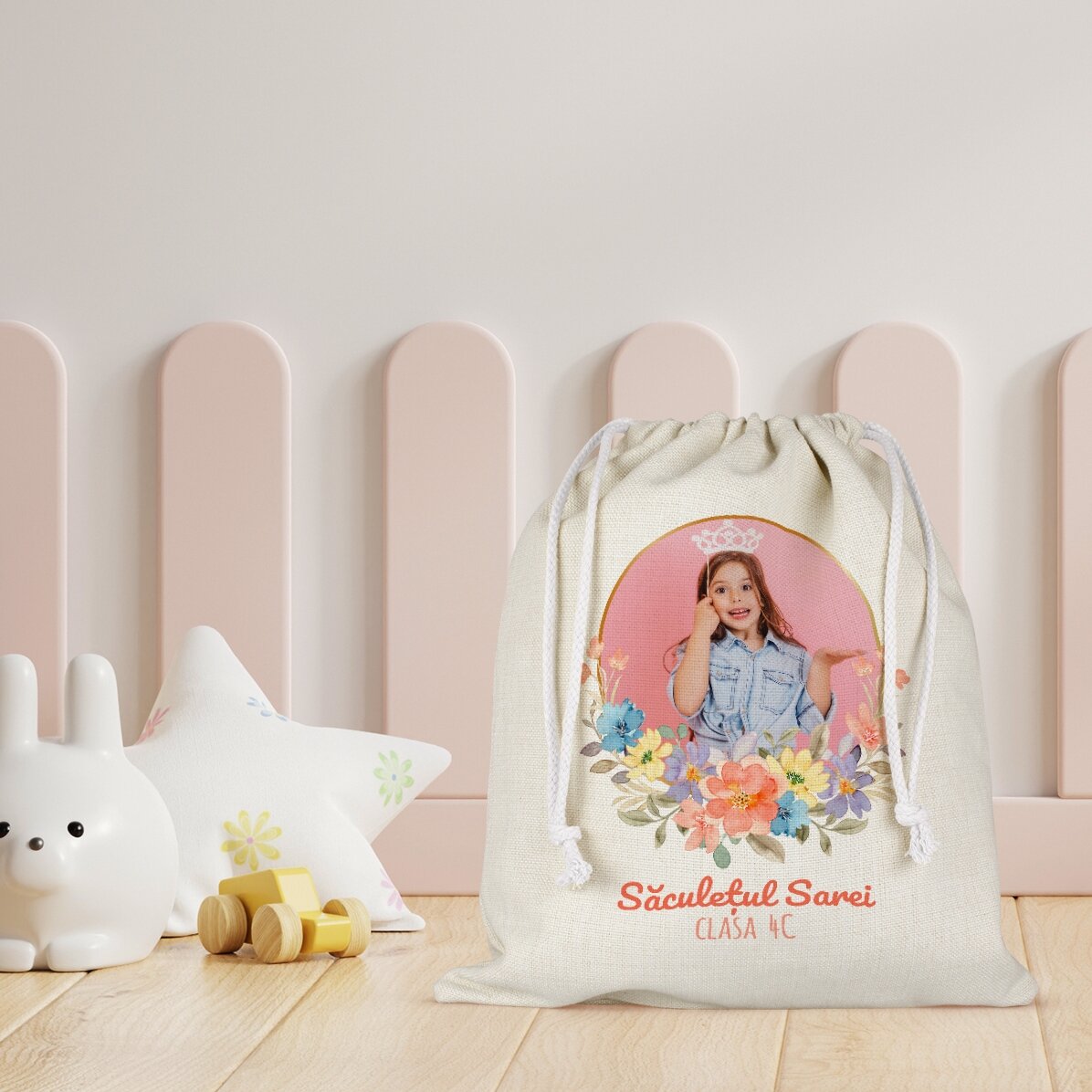 Săculeț pentru grădiniță personalizat cu text și o poză - Flowers
