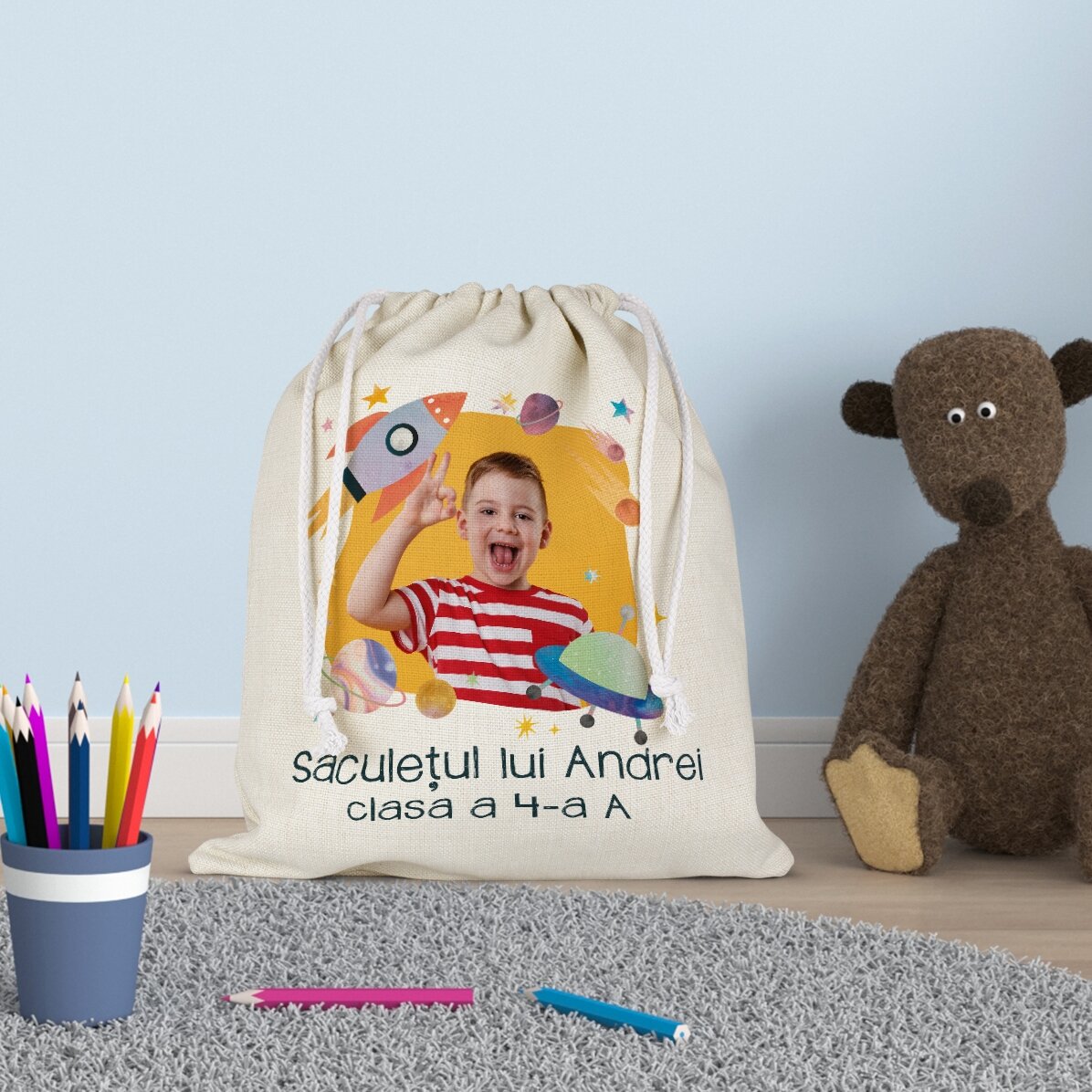 Săculeț pentru grădiniță personalizat cu text și o poză - Space rocket