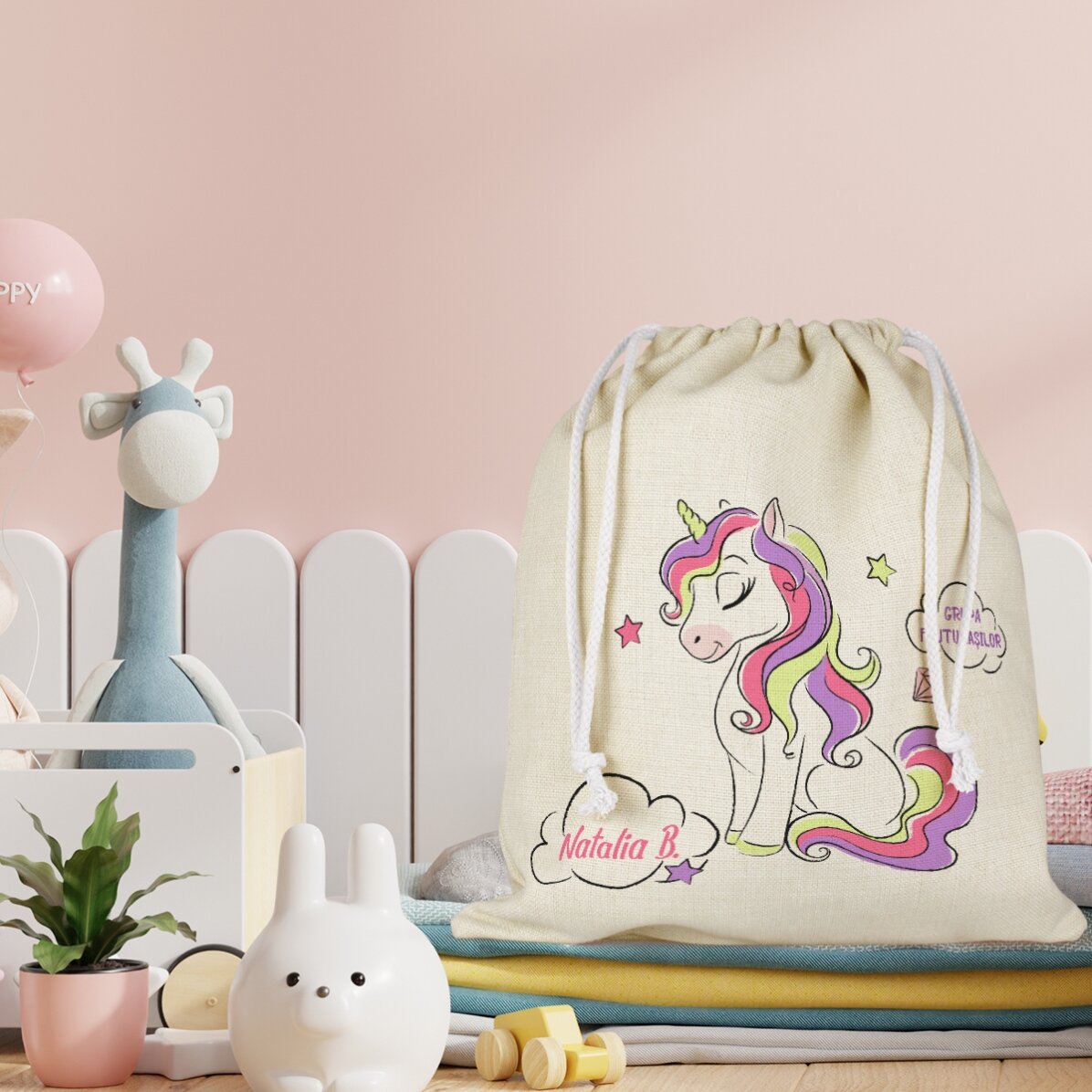 Săculeț pentru grădiniță personalizat cu text - Unicorn