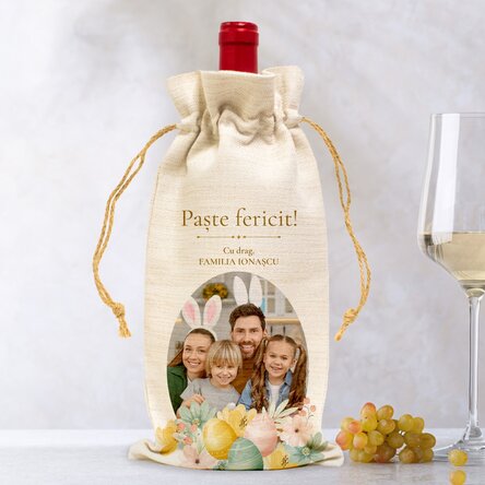 Săculeț personalizat cu o poză și mesaj pentru sticlă de vin - Iepuraș de Paște
