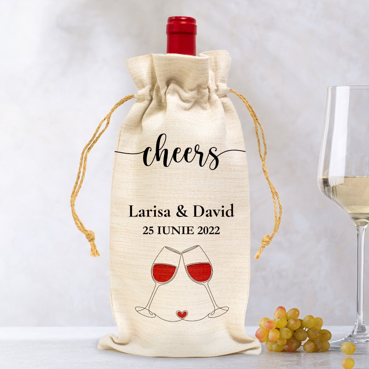 Săculeț personalizat pentru sticlă de vin - Cheers!