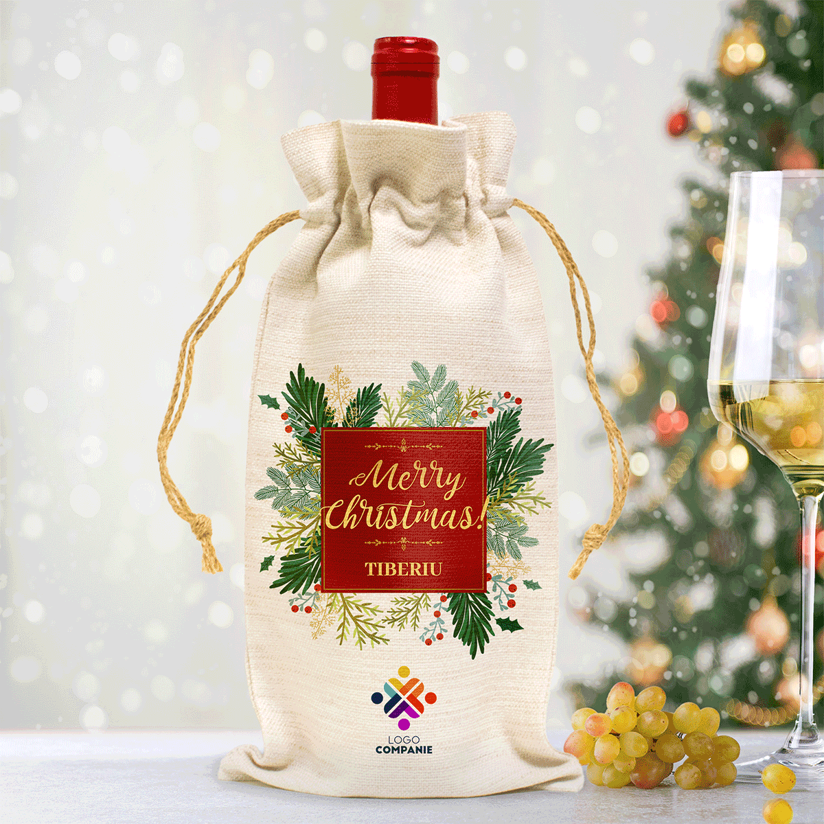 Săculeț personalizat pentru sticlă de vin cu logo și mesaj - Coronița de Crăciun